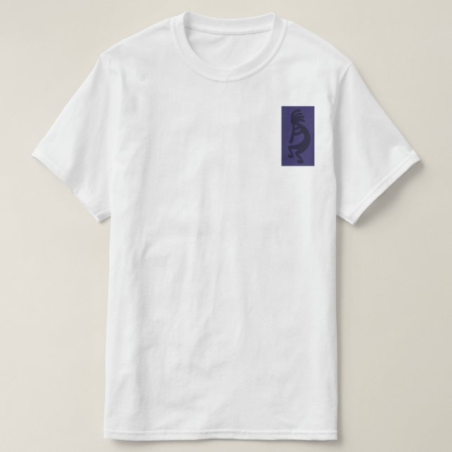 Camiseta Flauta tocando Kokopelli Figura 1: Preto em azul (Frente do Design)