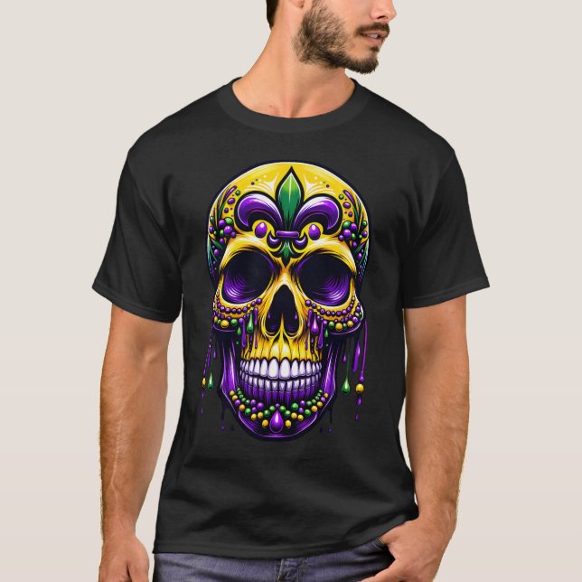 Camiseta Fleur De Lis Mardi Gras Skull Carnaval de Nova Orl (Frente)
