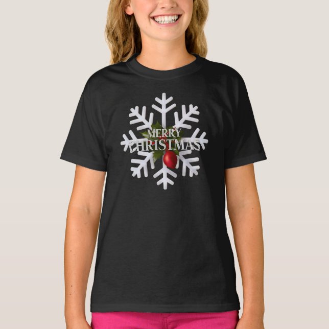 Camiseta Floco de Neve de Natal e Timida Baga Vermelha (Frente)