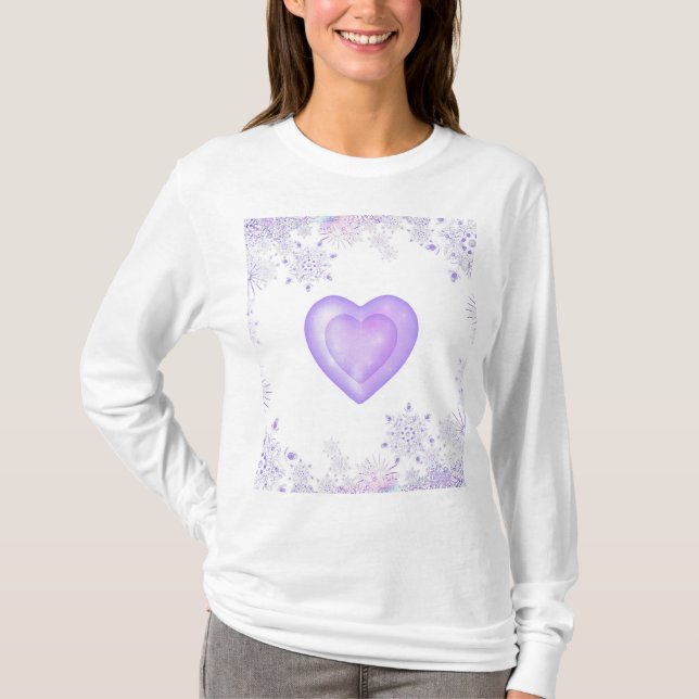 Camiseta floco de neve roxo leve e coração brilhando (Frente)