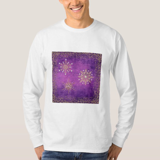 Camiseta Flocos de neve de Natal Roxo e Dourado (Frente)