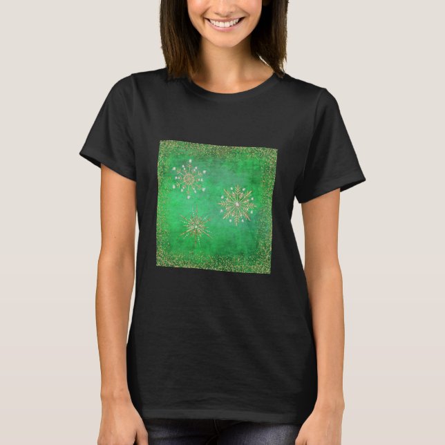 Camiseta Flocos de Neve de Natal Verde e Dourado Brilhante (Frente)
