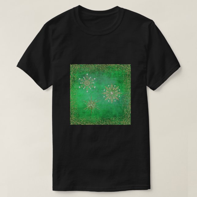 Camiseta Flocos de neve de Natal verdes e Dourados (Frente do Design)