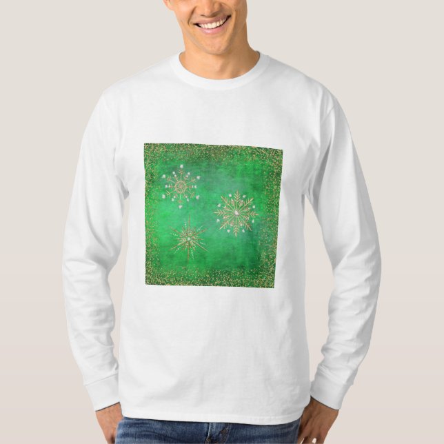 Camiseta Flocos de neve de Natal verdes e Dourados (Frente)