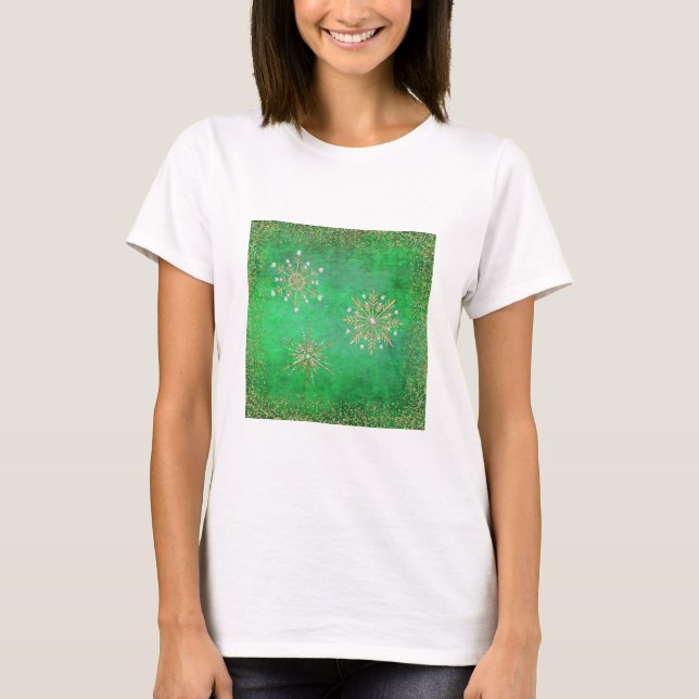Camiseta Flocos de neve de Natal verdes e Dourados (Frente)