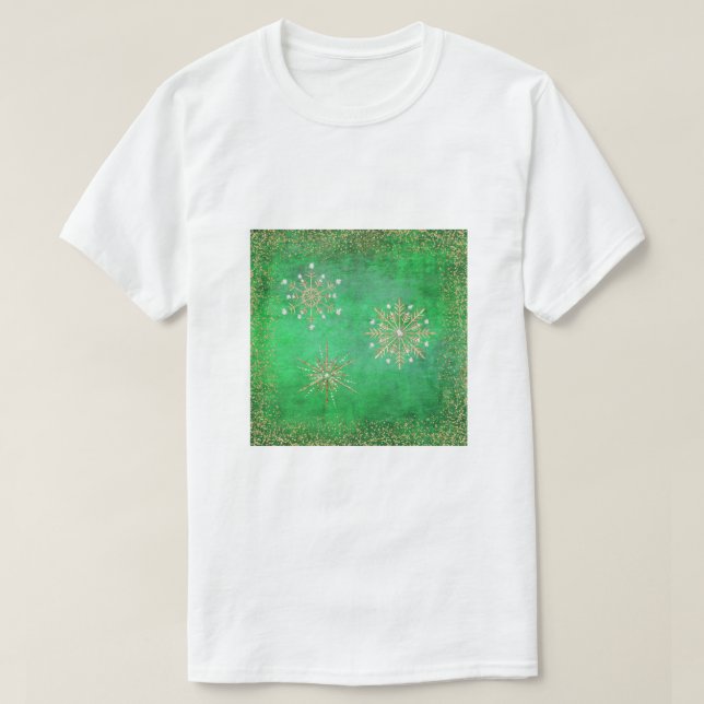 Camiseta Flocos de neve de Natal verdes e Dourados (Frente do Design)