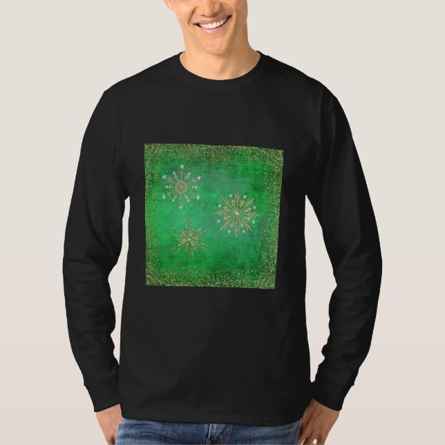 Camiseta Flocos de neve de Natal verdes e Dourados (Frente)
