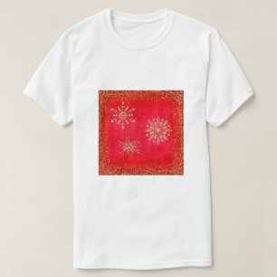 Camiseta Flocos de neve de Natal Vermelho e Dourado brilho