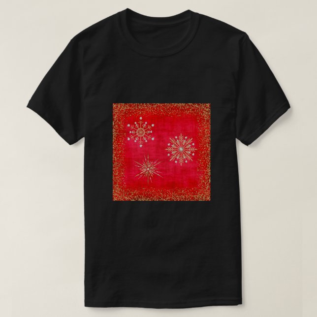 Camiseta Flocos de neve de Natal Vermelho e Dourado brilho (Frente do Design)