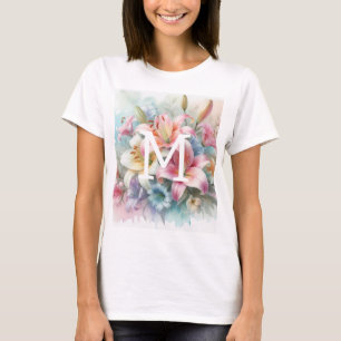 Camiseta Flor-aquarela monograma rosa lírios