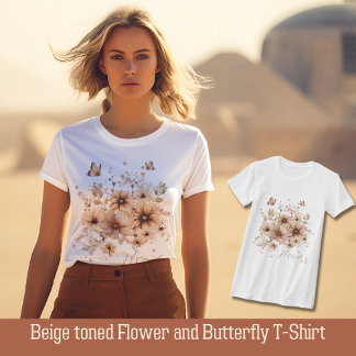 Camiseta Flor bege e borboleta T-Shirt