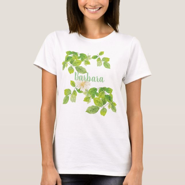 Camiseta Flor Branco e Jardim de Folhas Verde (Frente)