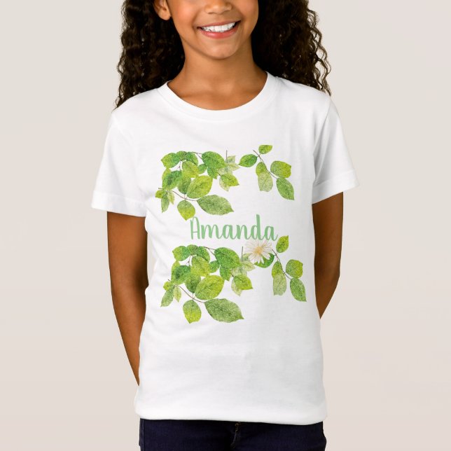 Camiseta Flor Branco e Jardim de Folhas Verde (Frente)