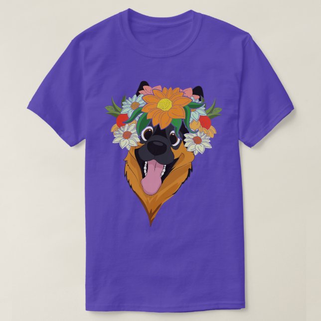 Camiseta Flor Crown Pet Dog Lover Folha Botânica Alemã (Frente do Design)