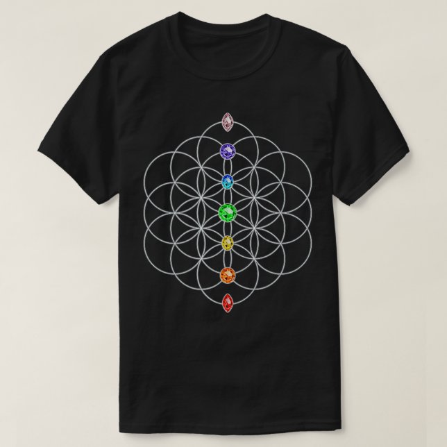 Camiseta Flor da Vida das Pedras Chakra Sagradas Geometrie  (Frente do Design)