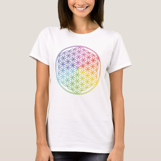 Camiseta "Flor da Vida" geométrica - cores do arco-íris - (Frente)