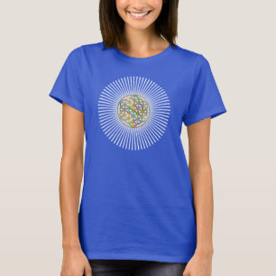 Camiseta Flor da vida - raios brancos e coloridos dourados