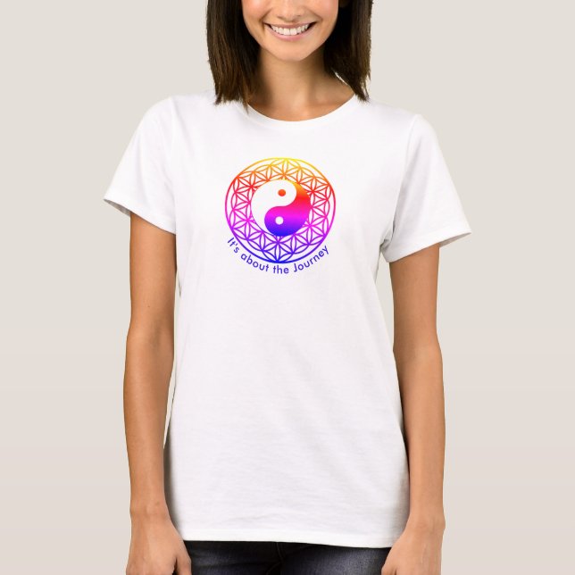 Camiseta Flor da Vida /yin-yang / É sobre a Viagem (Frente)