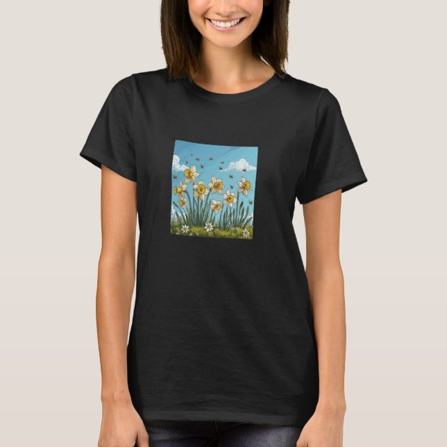 Camiseta Flor Daffodil Surgindo Com Abelhas Em Torno Do Grá (Frente)