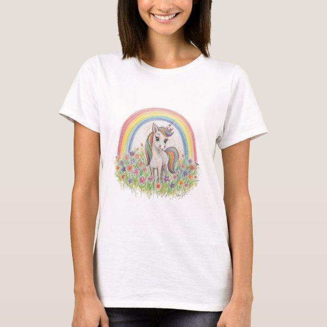 Camiseta Flor de arco-íris de unicórnio (Frente)