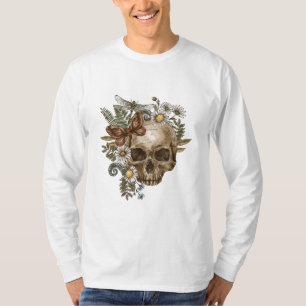 Camiseta flor de caveira gótica vintage e borboletas