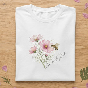 Camiseta Flor de cosmos rosa aquarela