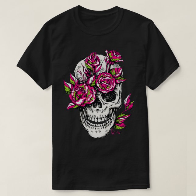 Camiseta Flor de crânio Rosa de Osso Floral do Osso Esquele (Frente do Design)