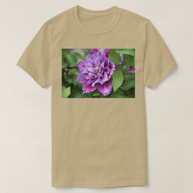 Camiseta Flor de escalada roxa e rosa-clematis 8 (Frente do Design)