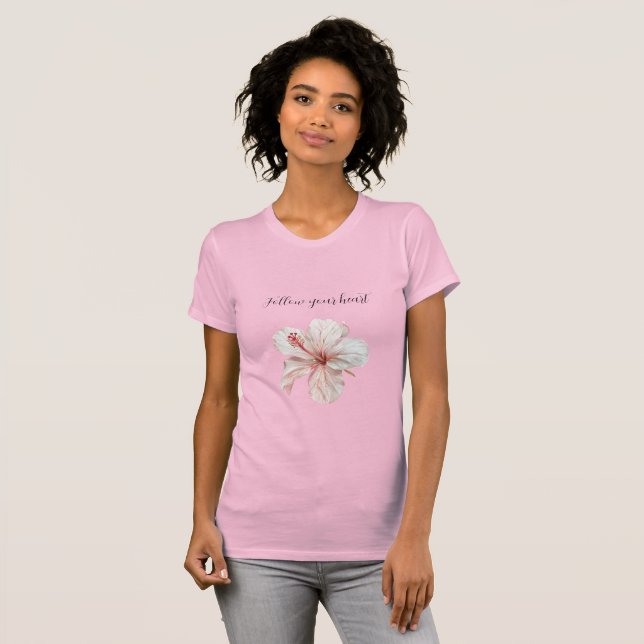 Camiseta Flor de Hibisco Rosa Branca (Frente Completa)