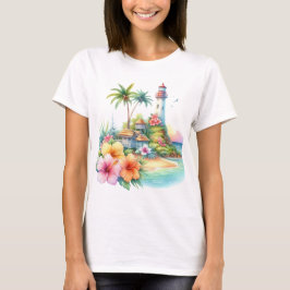 CAMISETA FLOR DE HIBISCO TROPICAL E FAROL