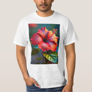 Camiseta Flor de Hibisco Vermelho Vibrante com Folhas-45328