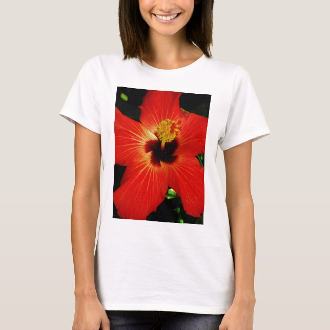 Camiseta Flor de Hibiscus Vermelho Brilhante (Frente)