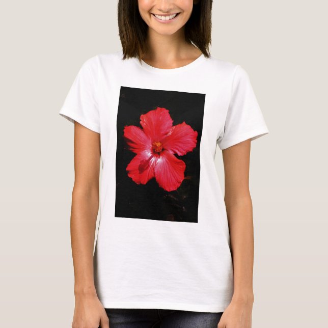 Camiseta Flor de Hibiscus Vermelho Rosa-Quente a Preto (Frente)