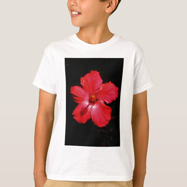 Camiseta Flor de Hibiscus Vermelho Rosa-Quente a Preto (Frente)