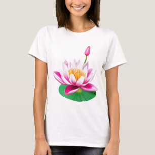 Camiseta Flor de Lótus Água Rosa Branca e Folha Verde
