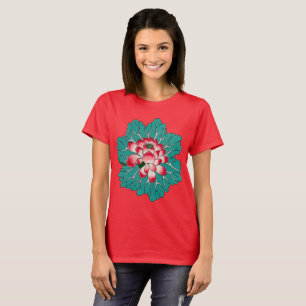 Camiseta Flor de Lotus Chinês Verde Rosa Vermelho