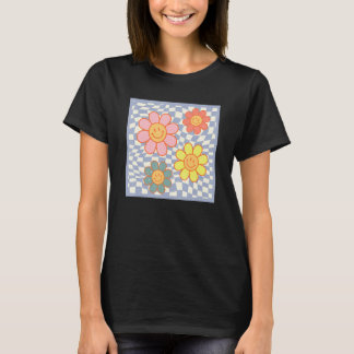 Camiseta Flor de Margarida Groovy Rosto Feliz Hippie Xadrez