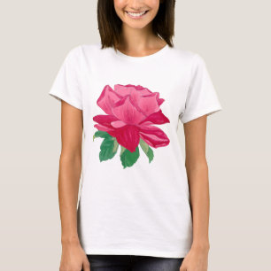 Camiseta Flor de Rosa de Cor de Água Magenta Rosa e Folhas