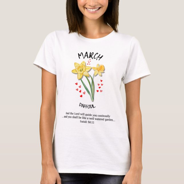 Camiseta Flor do Mês de Nascimento MARÇO Narciso Cristão (Frente)
