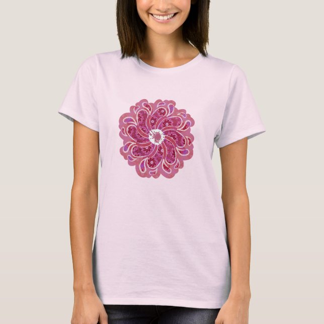 Camiseta Flor e denim cereja vermelha designer superior (Frente)