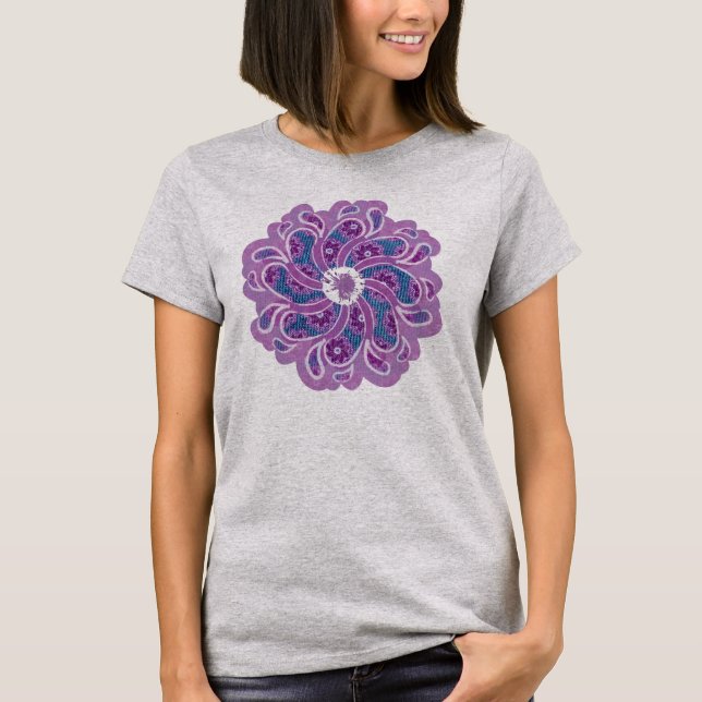 Camiseta Flor e denim parte superior do designer roxo e azu (Frente)
