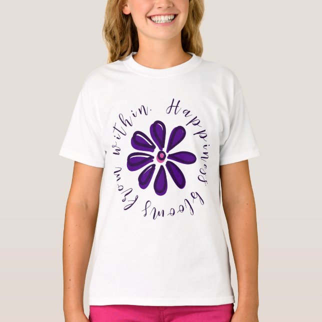 Camiseta Flor motivacional "Felicidade Blooms de Dentro" (Frente)