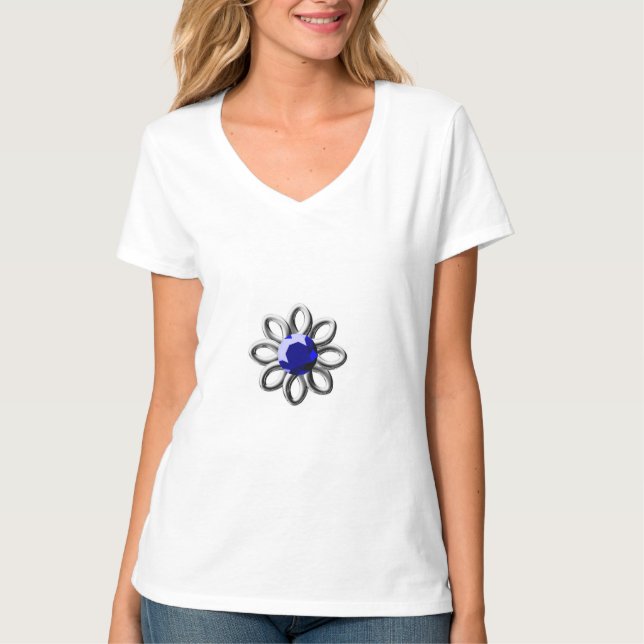 Camiseta Flor prateada com pedra azul (Frente)