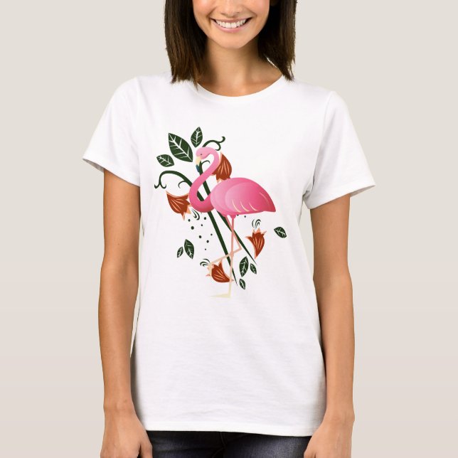 Camiseta Flor Primavera de Verão com Flamingo Rosa (Frente)