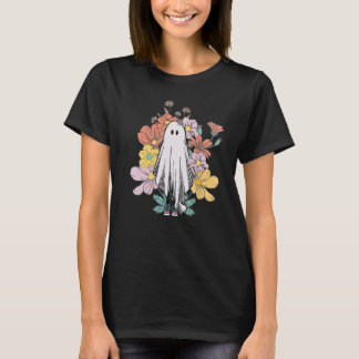 Camiseta Flor Retrô de Halloween Fantasma Floral Temporada