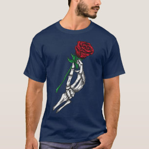 Camiseta Flor,Rosa vermelha de retenção da mão do esqueleto