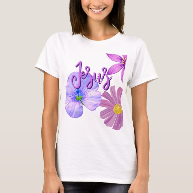 Camiseta Flor roxa e rosa, Jesus, nome T-Shirt (Frente)