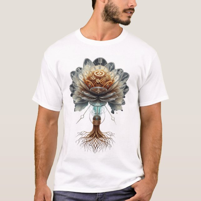 Camiseta Flor Temporal Steampunk: Motor da Natureza Mecânic (Frente)