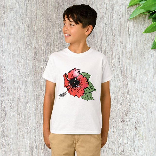 Camiseta Flor Tropical Red Hibiscus com Folhas Verdes (Criador carregado)