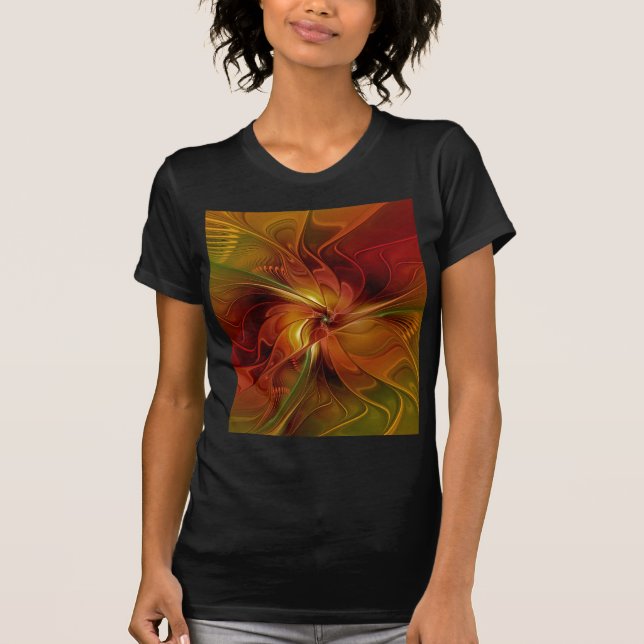 Camiseta Flor verde-laranja-abstrato Vermelho Castanho-Cast (Frente)